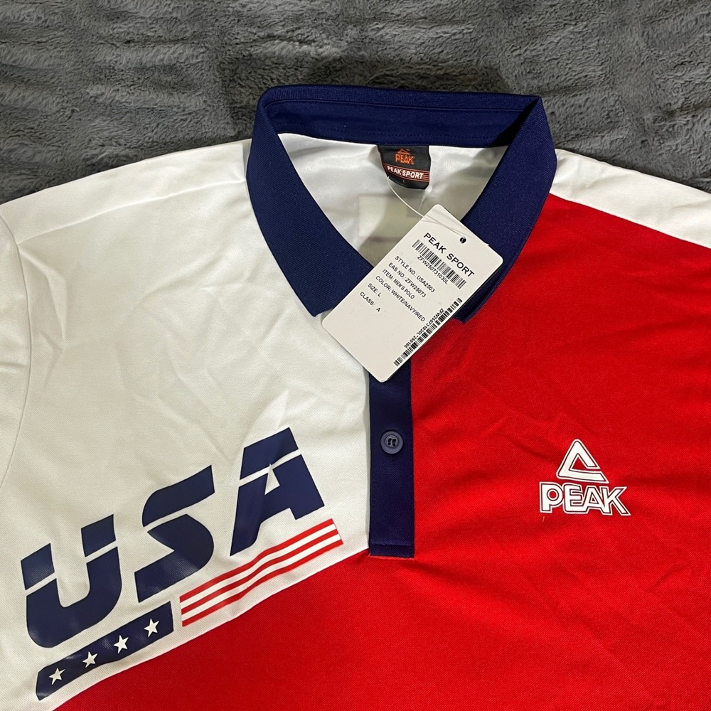 PEAK Sport Mens Team USA Polo Shirt Red White Blue Colorblock USA2503 Size L NWT